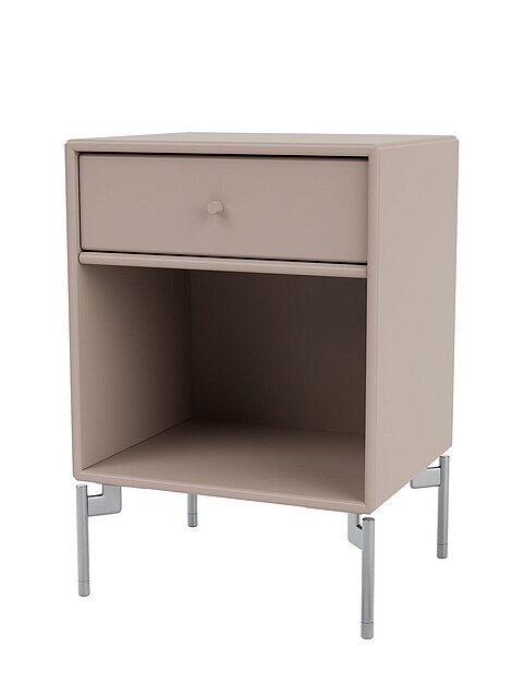 Beiger Nachttisch mit einer Schublade, offenem Fach und Metallbeinen im modernen Design