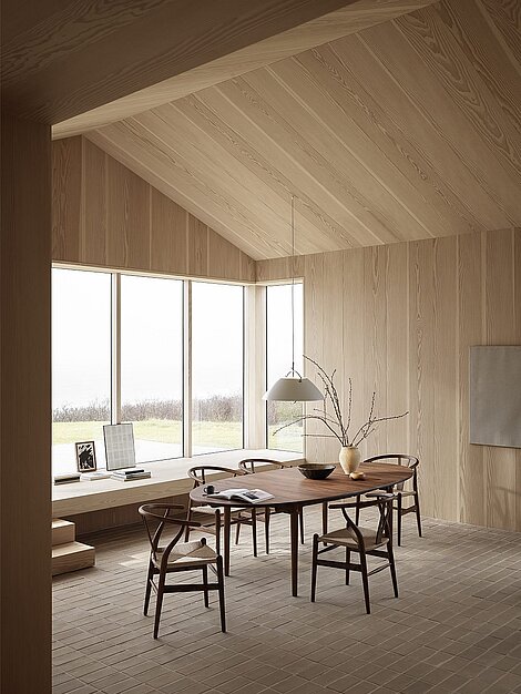 Modernes skandinavisches Esszimmer mit Holzdecke, großem Fenster und minimalistischer Einrichtung