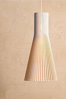 Moderne Pendelleuchte aus hellem Holz vor hell gemasertem Holzhintergrund