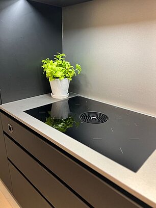 Moderne schwarze Induktionskochplatte mit Kräutertopf auf heller Arbeitsplatte