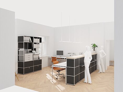 Modern office interior with desks, chairs, and shelves in minimalist design