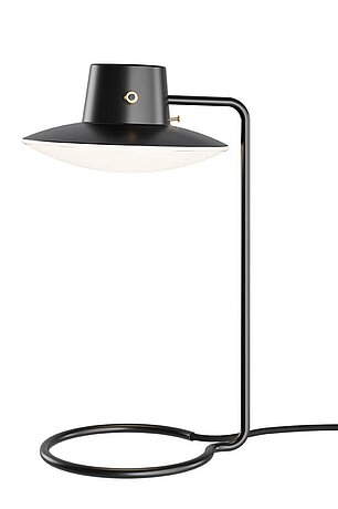 Modern black metal table lamp with circular base and minimalist design
