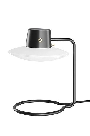 Moderne schwarze Tischlampe mit rundem Fuß und weißem Schirm