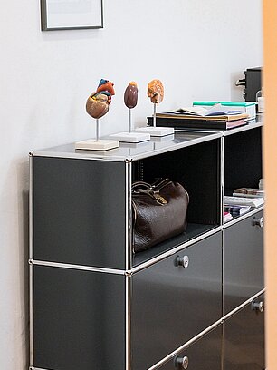 Büroseite mit Organmodellen auf grauem Regal und brauner Ledertasche