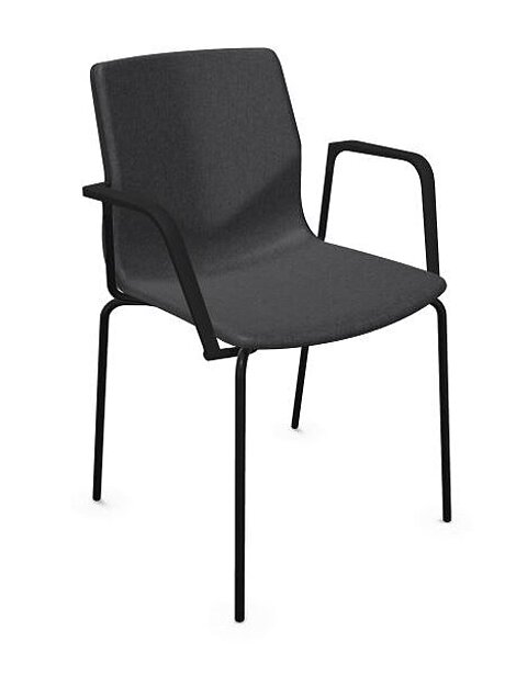 Moderner schwarzer Stuhl mit Armlehnen und gepolstertem Sitz auf Metallbeinen