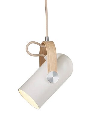 Moderne Pendelleuchte mit zylindrischem weißen Schirm und Holzaufhängung