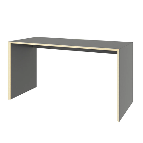 Modern minimalist gray desk with light wood edge detailing