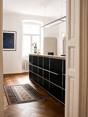 Moderne Rezeption mit dunklen Schränken, Teppich und Kunstwerk im Flur