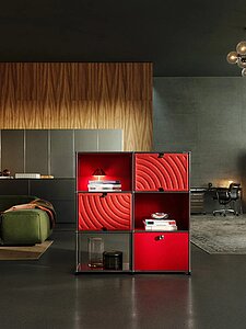 Modernes Wohnzimmer mit grünem Sofa und rotem USM Haller Regal vor Holz- und Betonwand