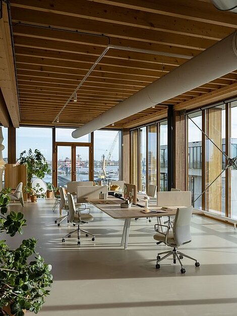 Modernes Großraumbüro mit Holzelementen, Pflanzen und Blick auf den Hafen durch große Fenster